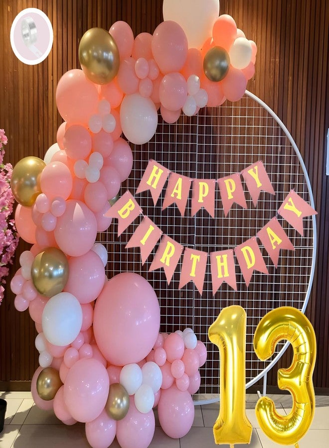 Flyloons 13th Birthday Decoration Items Pink and White Theme Combination for Girls Princes | 30 Pcs Pink White Gold Balloons | Pink Happy Birthday Paper Banner | Arch Tape - Image 1